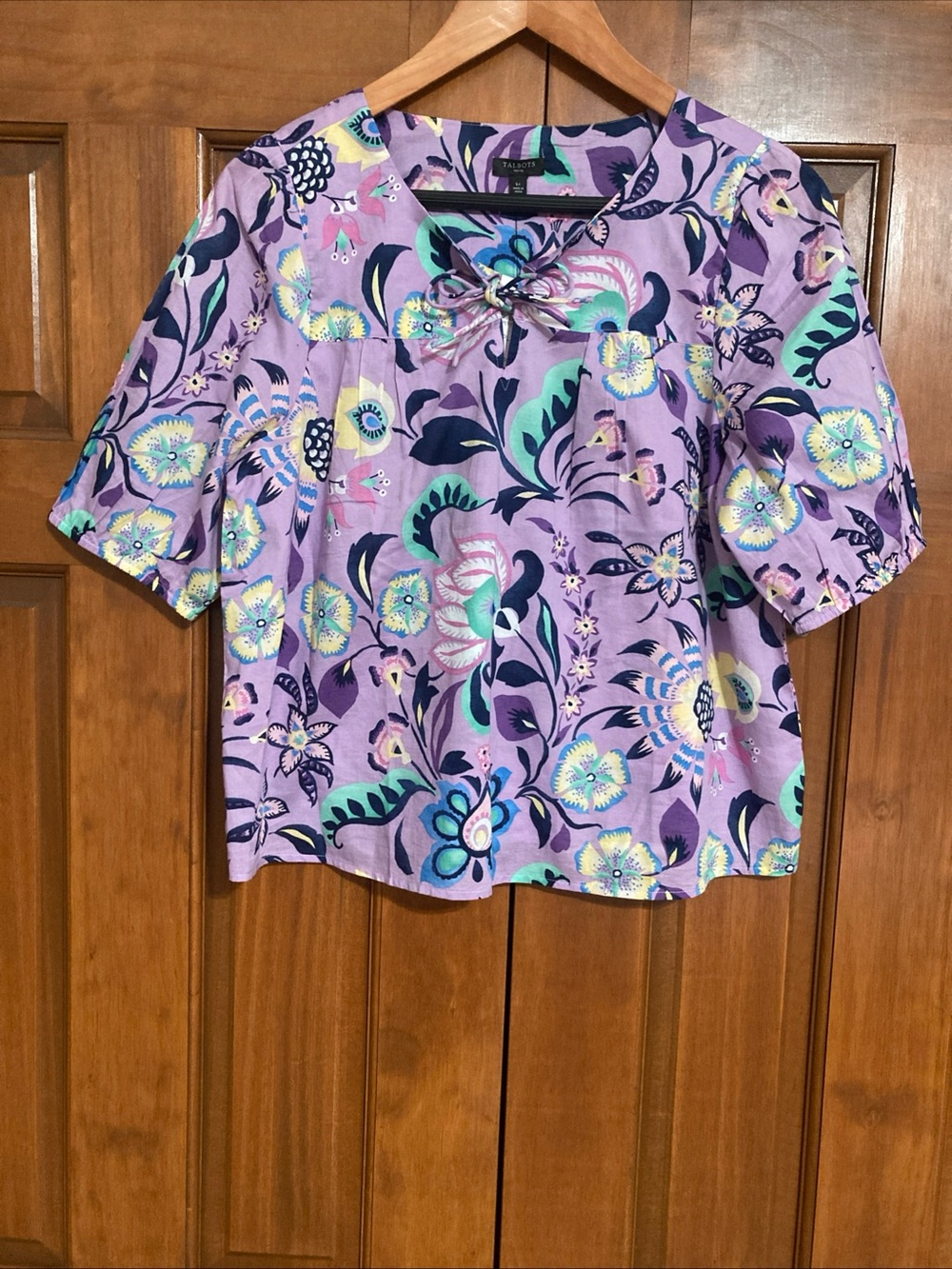 NWT Talbots Lavender Floral Tie-Neck Blouse Jacobean floral top women’s large P